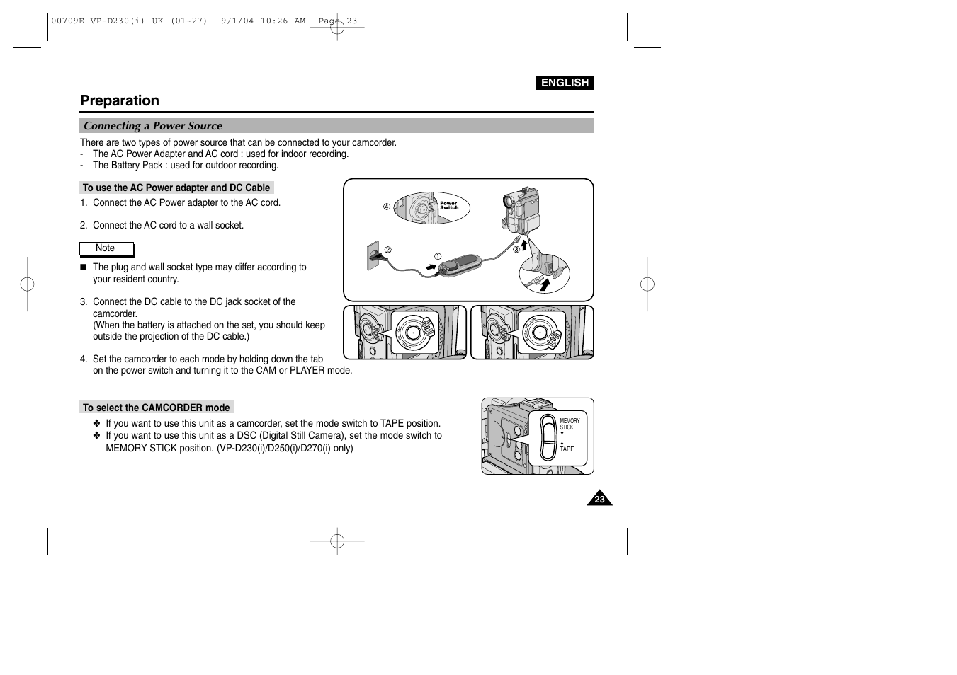 Connecting a power source, To use the ac power adapter and dc cable, To select the camcorder mode | Preparation | Samsung VP-D200 User Manual | Page 23 / 108