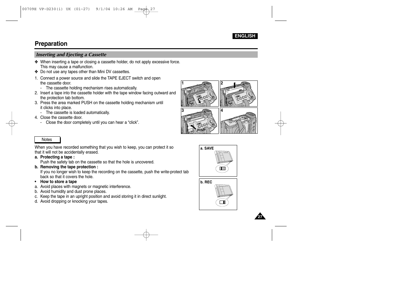 Inserting and ejecting a cassette, Preparation | Samsung VP-D200 User Manual | Page 27 / 108