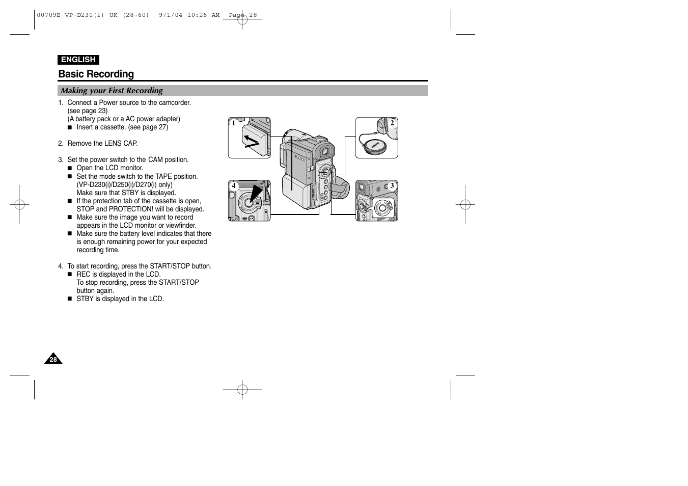 Basic recording, Making your first recording | Samsung VP-D200 User Manual | Page 28 / 108