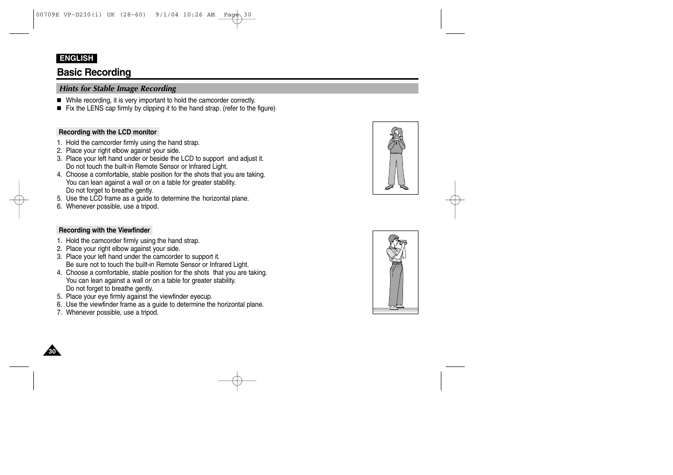 Hints for stable image recording, Recording with the lcd monitor, Recording with the viewfinder | Basic recording | Samsung VP-D200 User Manual | Page 30 / 108