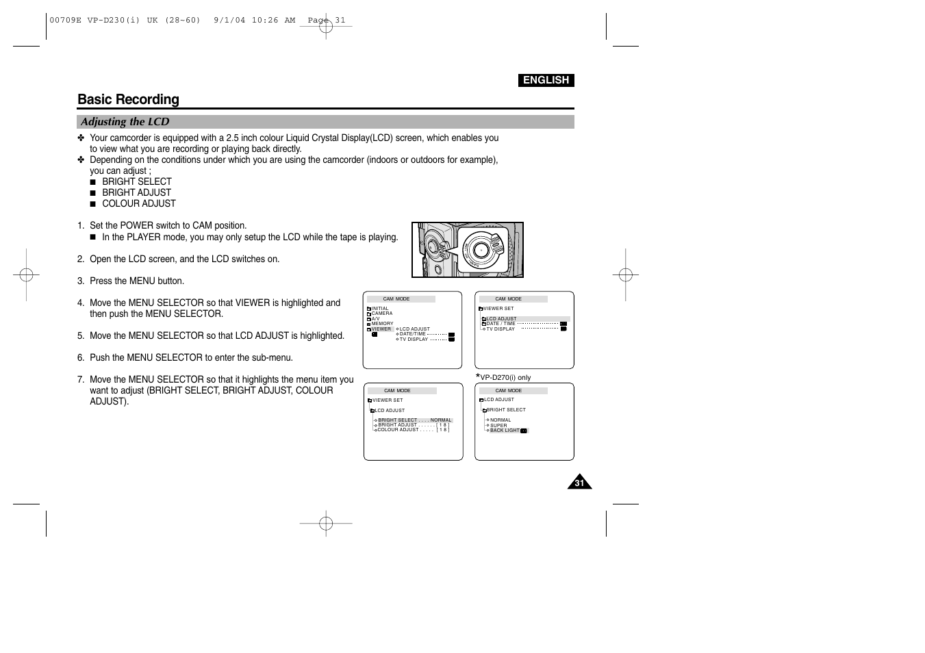 Adjusting the lcd, Basic recording | Samsung VP-D200 User Manual | Page 31 / 108