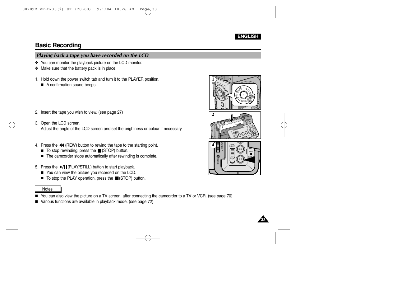 Playing back a tape you have recorded on the lcd, Basic recording | Samsung VP-D200 User Manual | Page 33 / 108