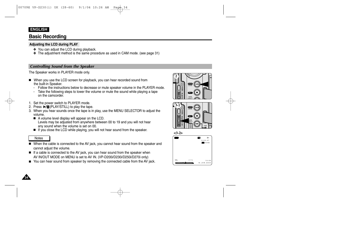 Adjusting the lcd during play, Controlling sound from the speaker, Basic recording | Samsung VP-D200 User Manual | Page 34 / 108