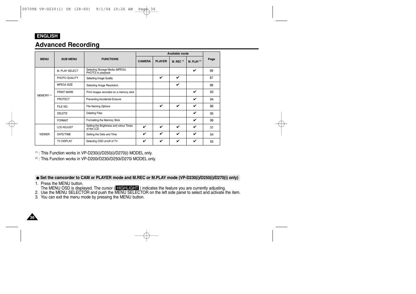 Advanced recording | Samsung VP-D200 User Manual | Page 36 / 108