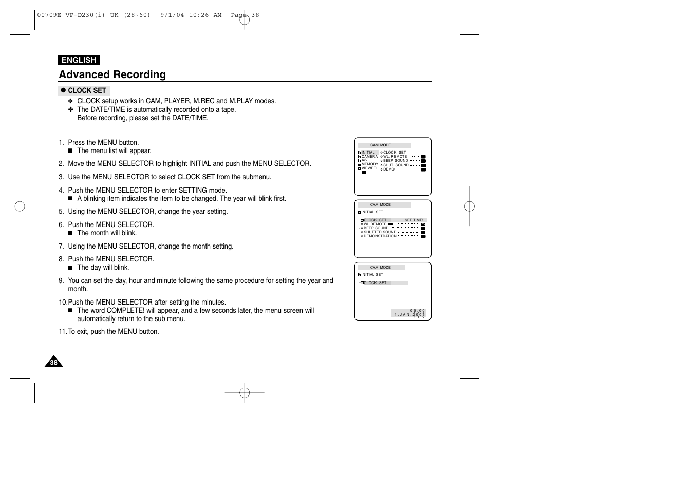 Clock set, Advanced recording | Samsung VP-D200 User Manual | Page 38 / 108