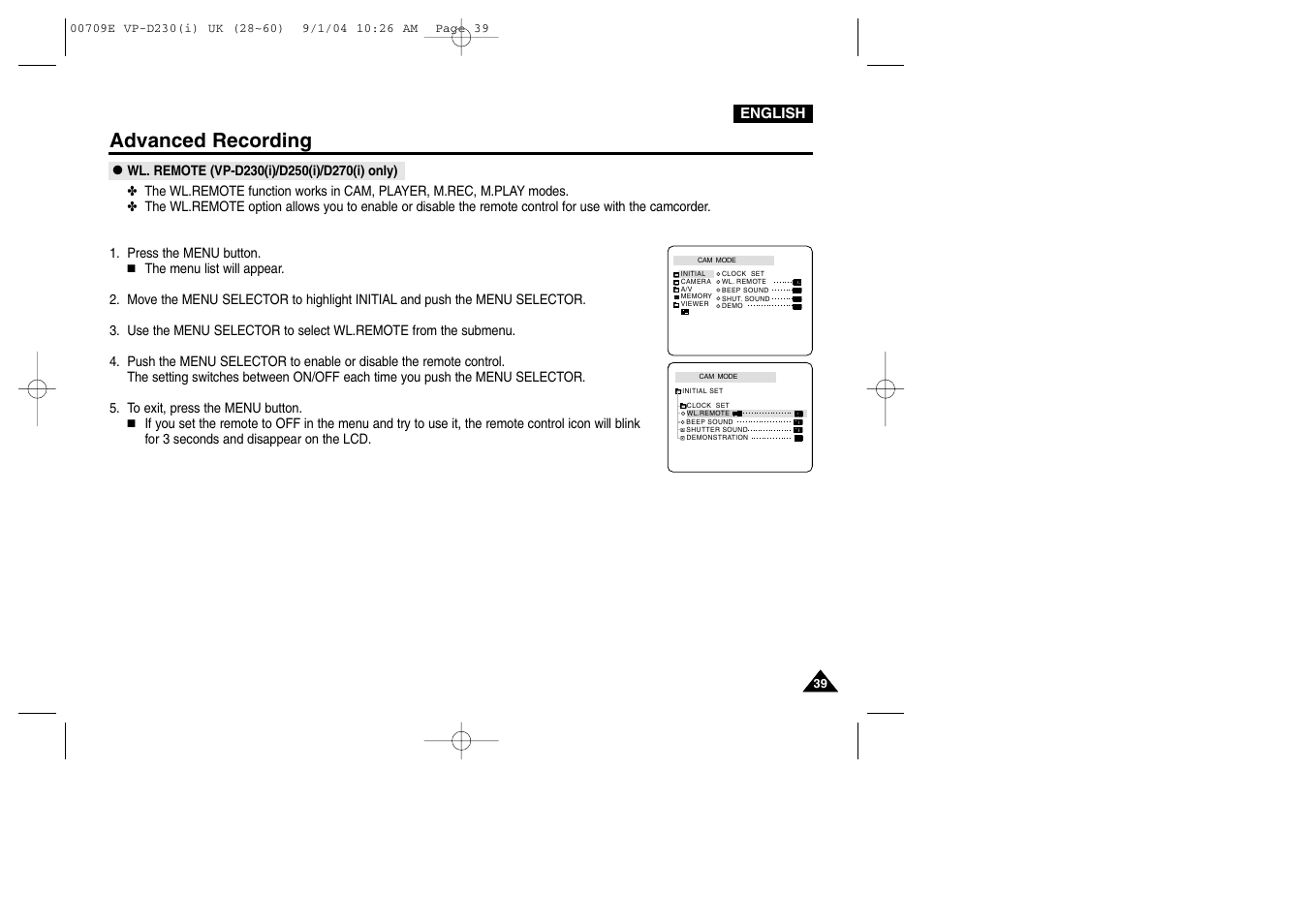 Wl. remote (vp-d230(i)/d250(i)/d270(i) only), Advanced recording | Samsung VP-D200 User Manual | Page 39 / 108