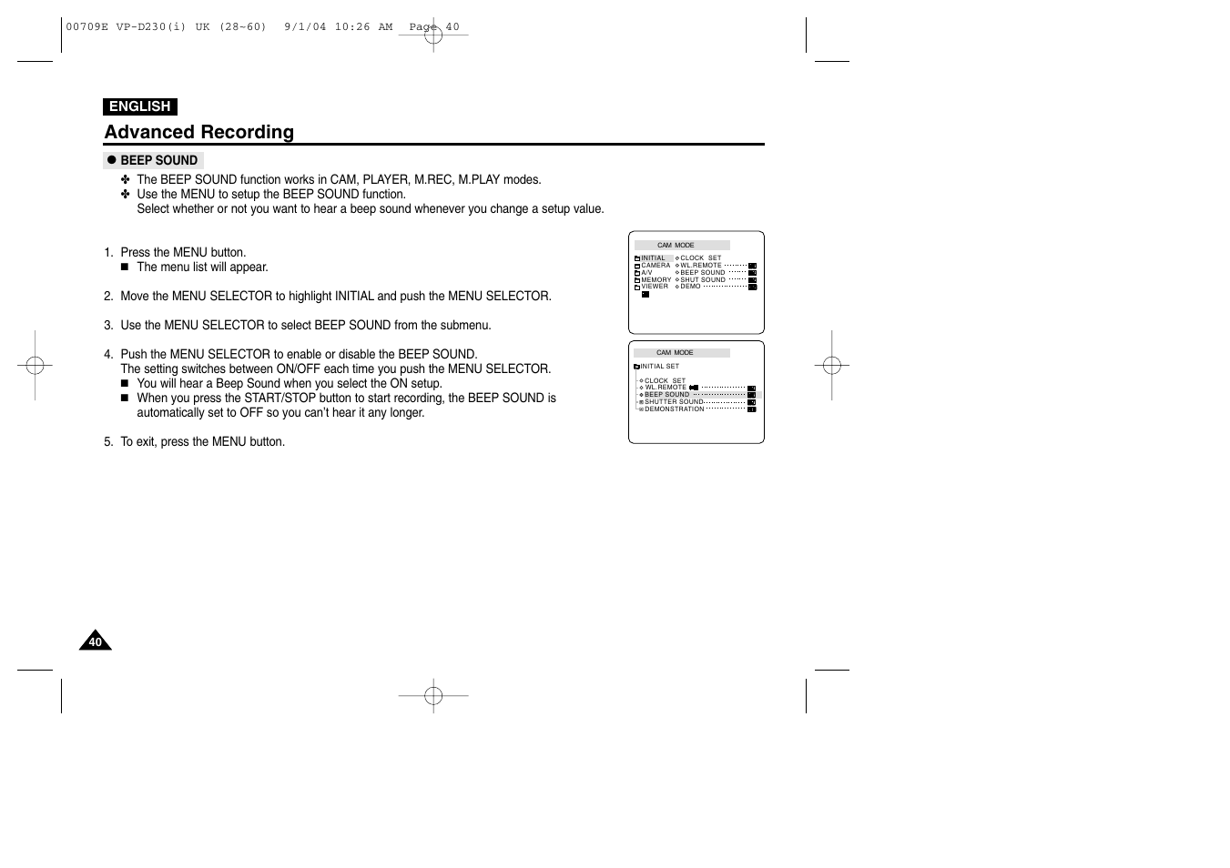 Beep sound, Advanced recording | Samsung VP-D200 User Manual | Page 40 / 108