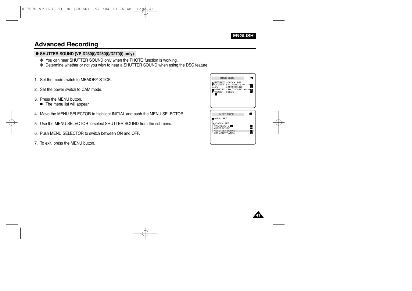 Shutter sound (vp-d230(i)/d250(i)/d270(i) only), Advanced recording | Samsung VP-D200 User Manual | Page 41 / 108