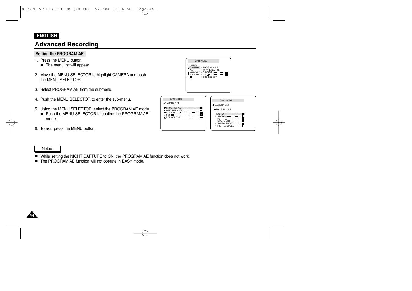 Setting the program ae, Advanced recording | Samsung VP-D200 User Manual | Page 44 / 108