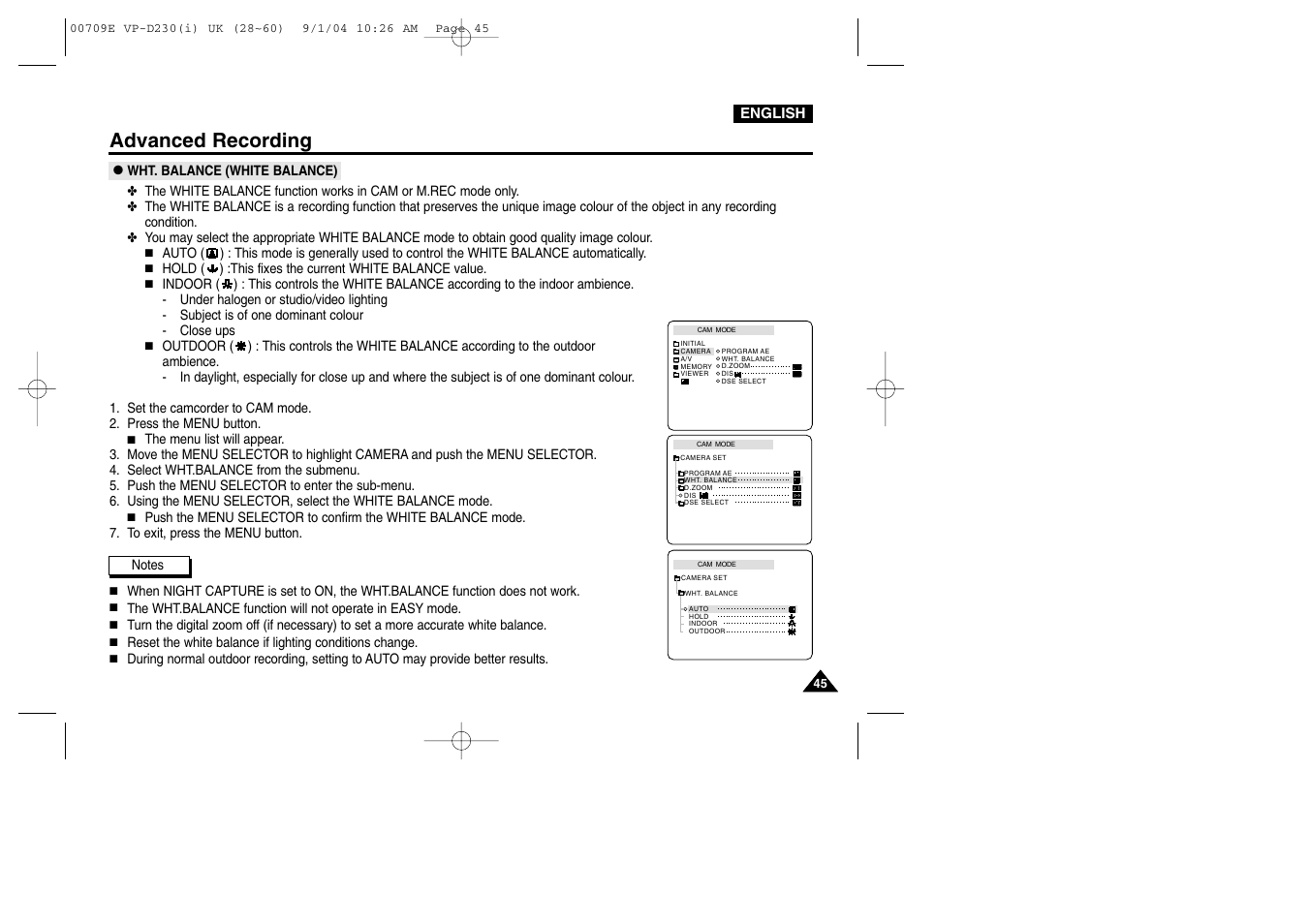 Wht. balance (white balance), Advanced recording | Samsung VP-D200 User Manual | Page 45 / 108