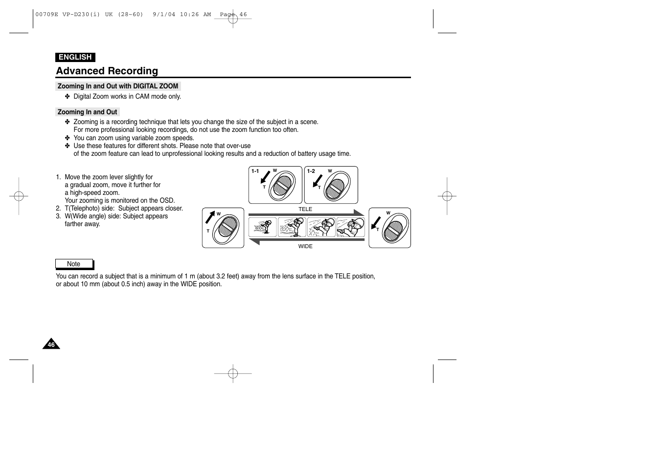 Zooming in and out with digital zoom, Zooming in and out, Advanced recording | Samsung VP-D200 User Manual | Page 46 / 108