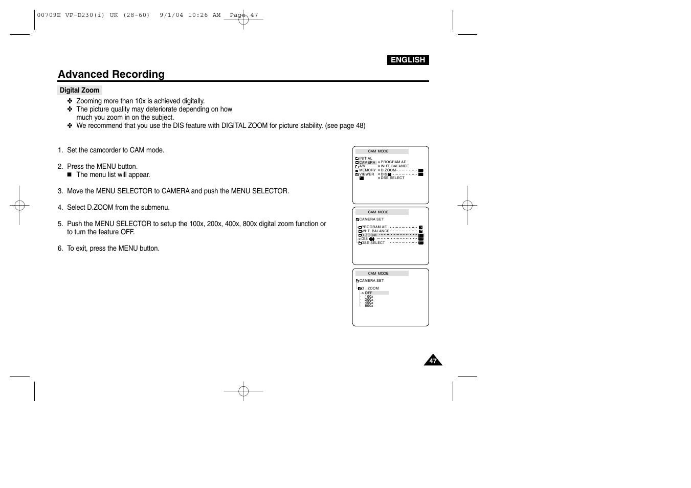 Digital zoom, Advanced recording | Samsung VP-D200 User Manual | Page 47 / 108