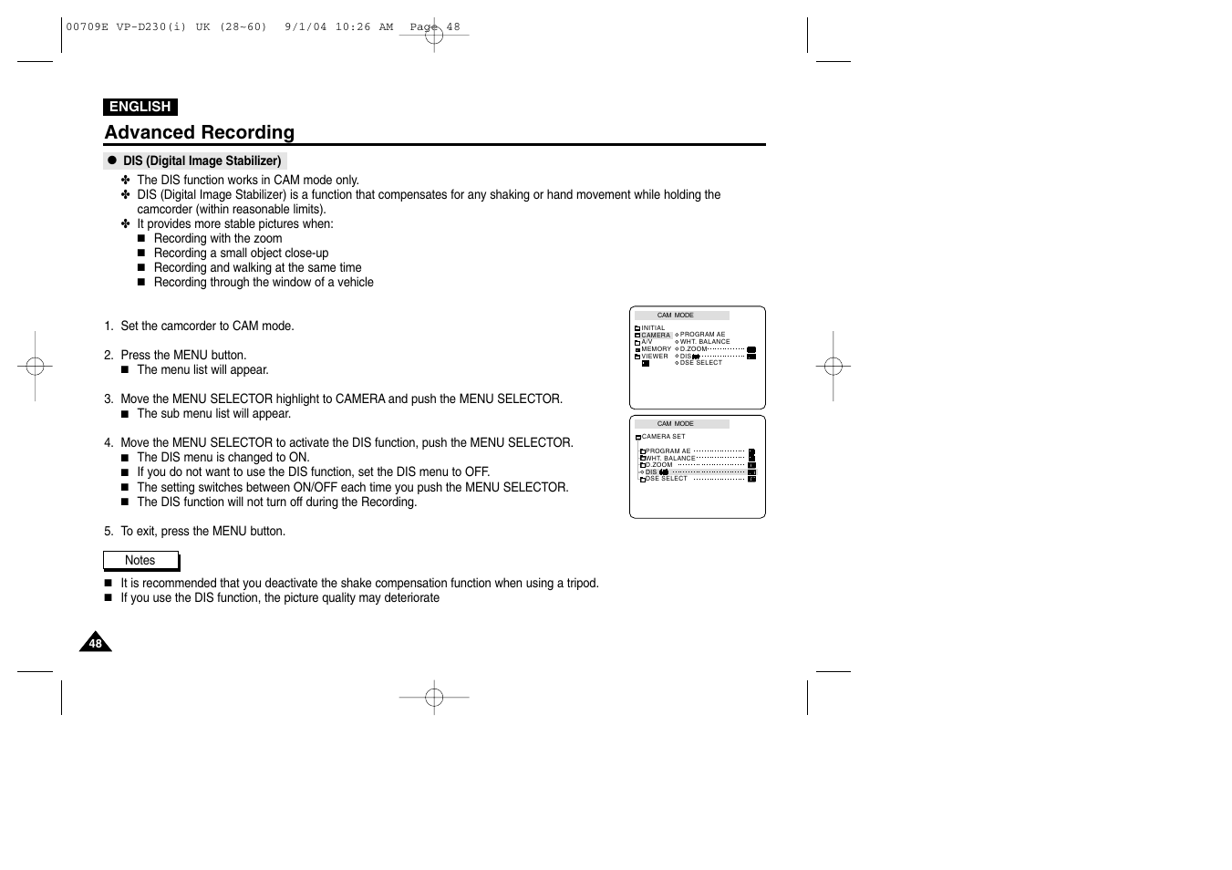 Dis (digital image stabilizer), Advanced recording | Samsung VP-D200 User Manual | Page 48 / 108