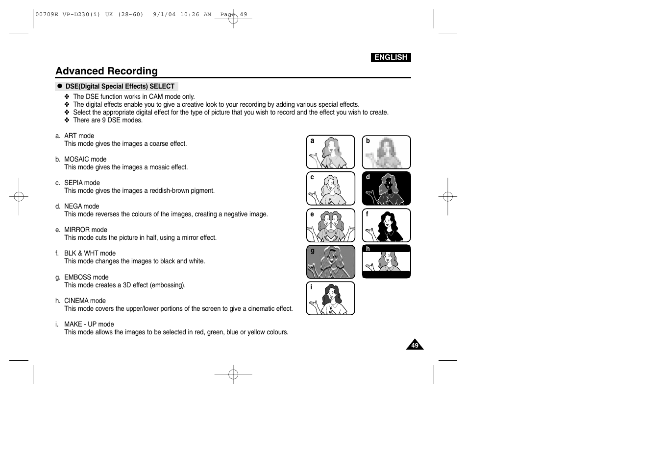 Dse(digital special effects) select, Advanced recording | Samsung VP-D200 User Manual | Page 49 / 108