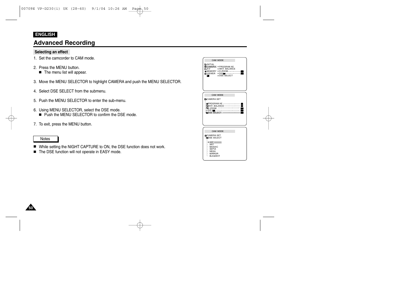 Selecting an effect, Advanced recording | Samsung VP-D200 User Manual | Page 50 / 108