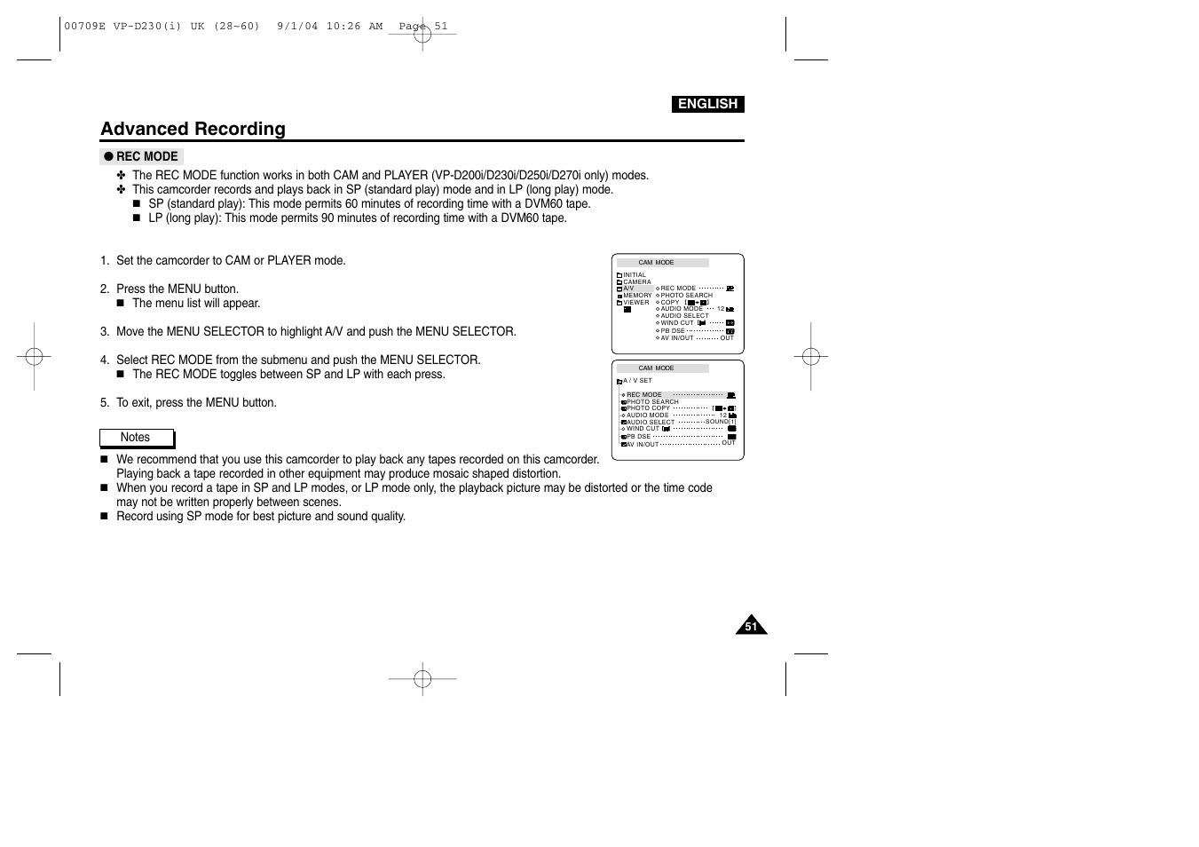 Rec mode, Advanced recording | Samsung VP-D200 User Manual | Page 51 / 108