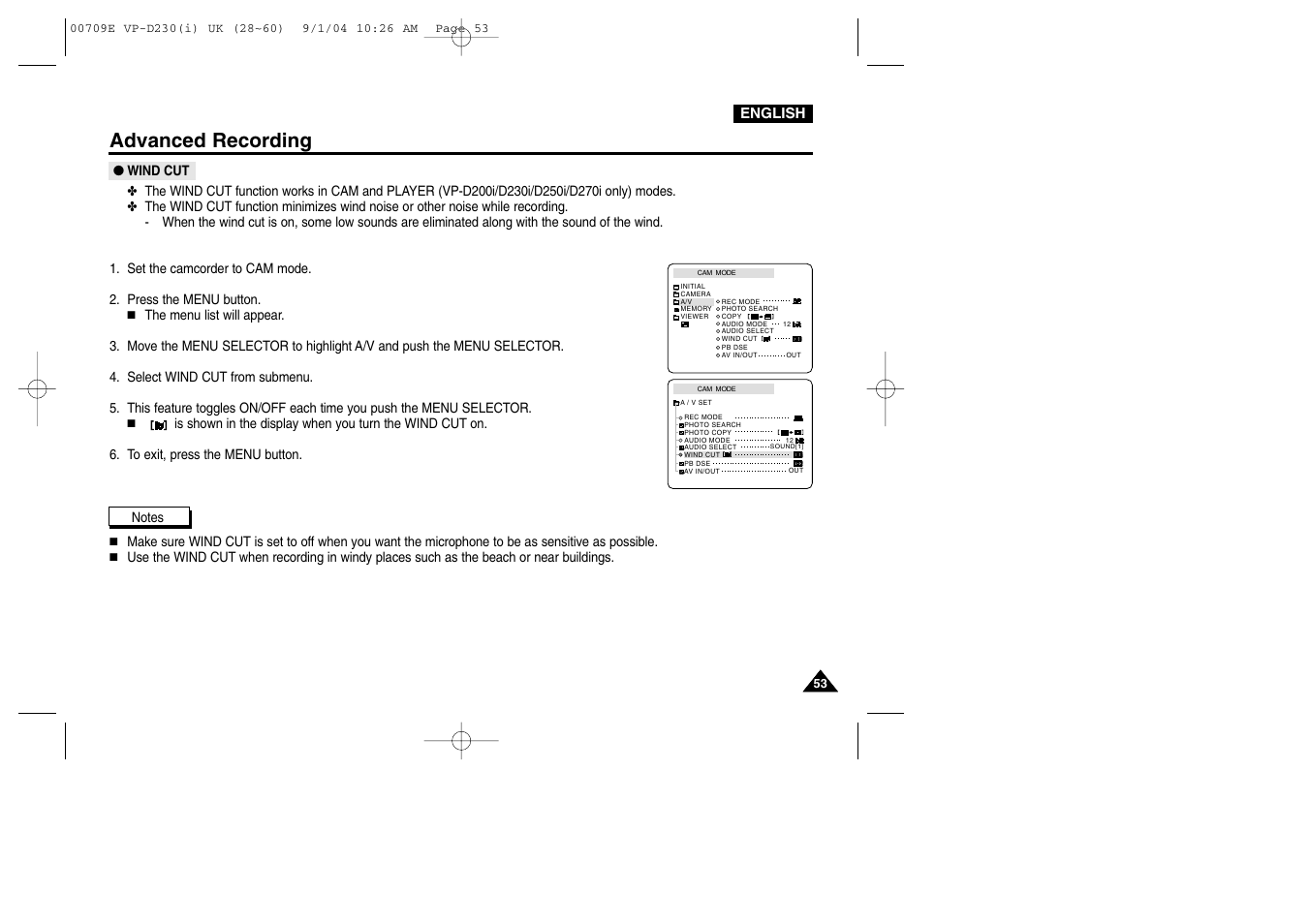 Wind cut, Advanced recording | Samsung VP-D200 User Manual | Page 53 / 108