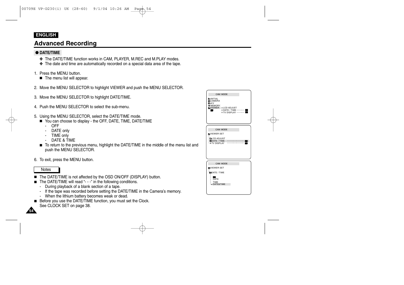 Date/time, Advanced recording | Samsung VP-D200 User Manual | Page 54 / 108