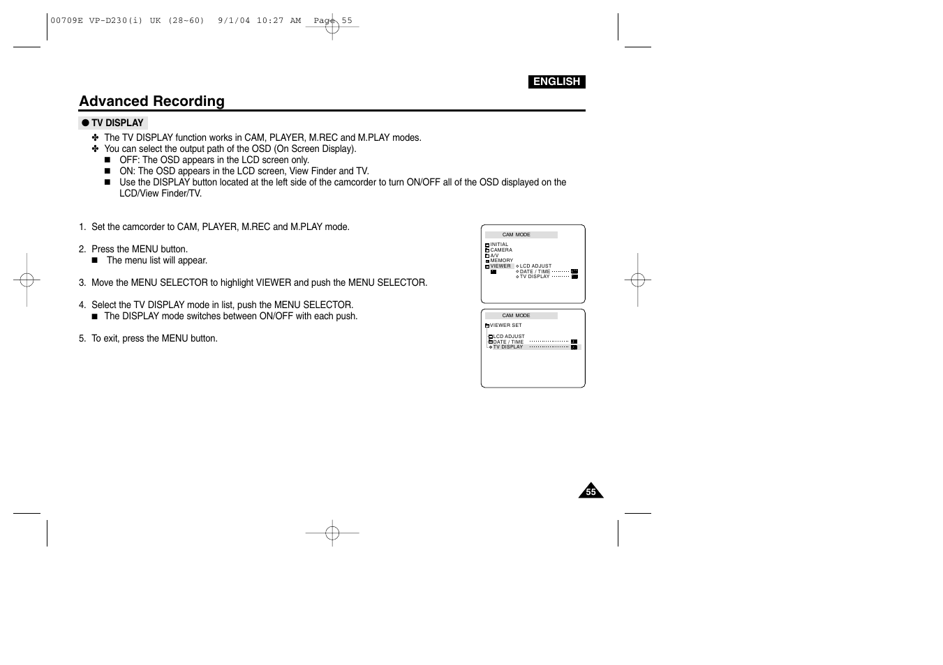 Tv display, Advanced recording | Samsung VP-D200 User Manual | Page 55 / 108