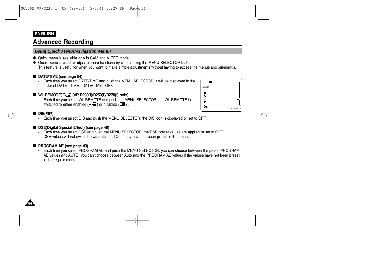 Using quick menu(navigation menu), Advanced recording | Samsung VP-D200 User Manual | Page 56 / 108