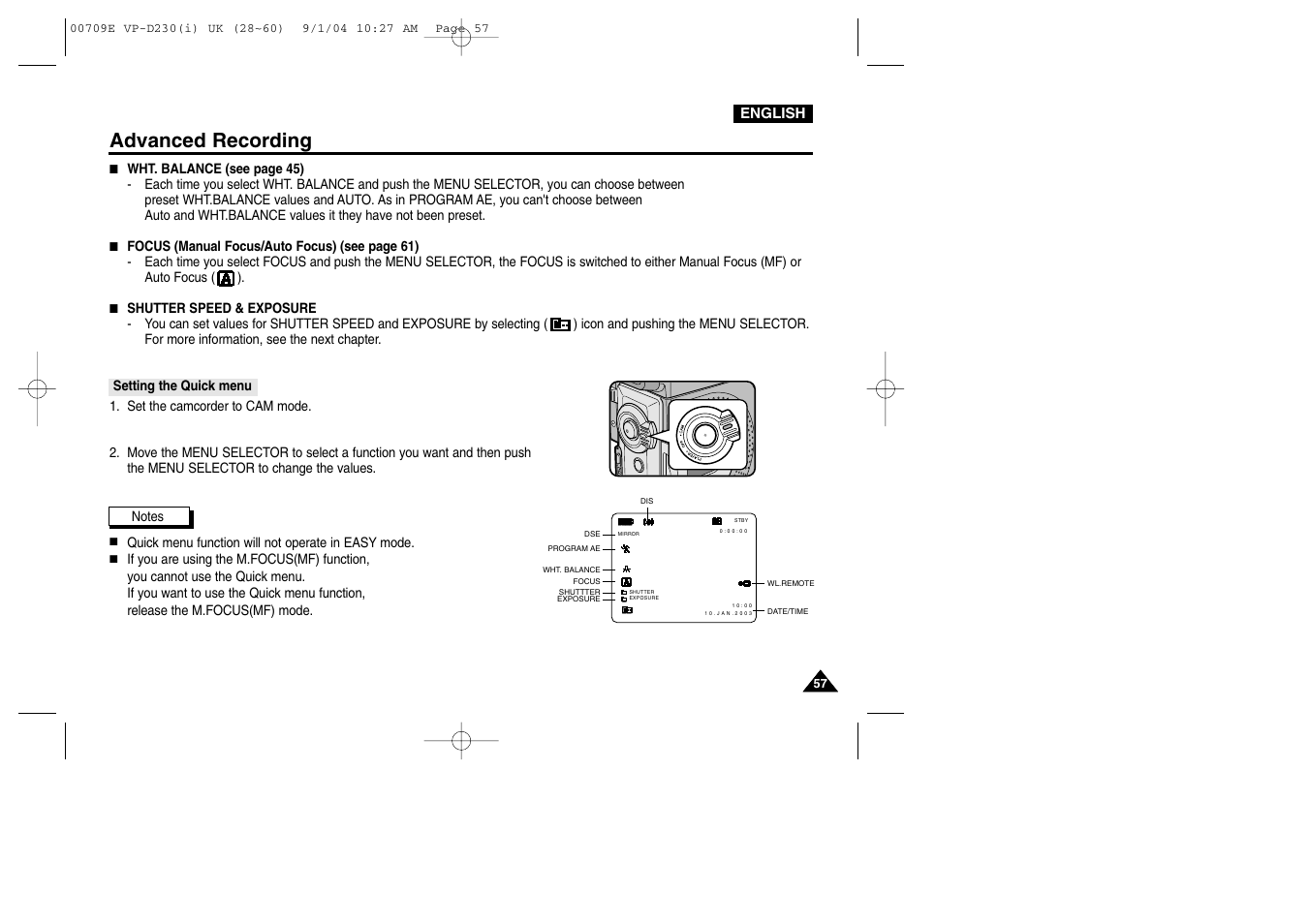 Setting the quick menu, Advanced recording | Samsung VP-D200 User Manual | Page 57 / 108