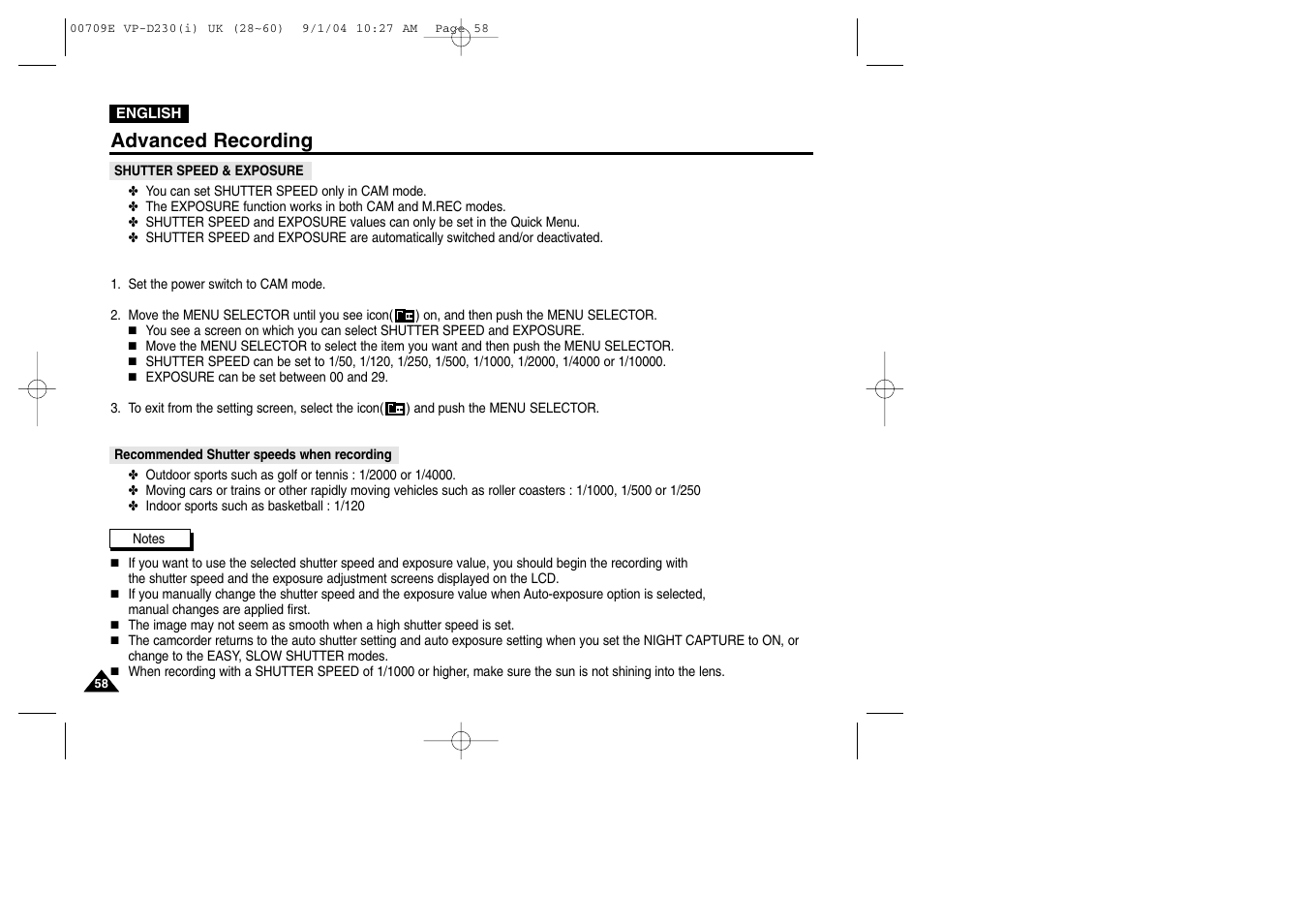 Shutter speed & exposure, Advanced recording | Samsung VP-D200 User Manual | Page 58 / 108