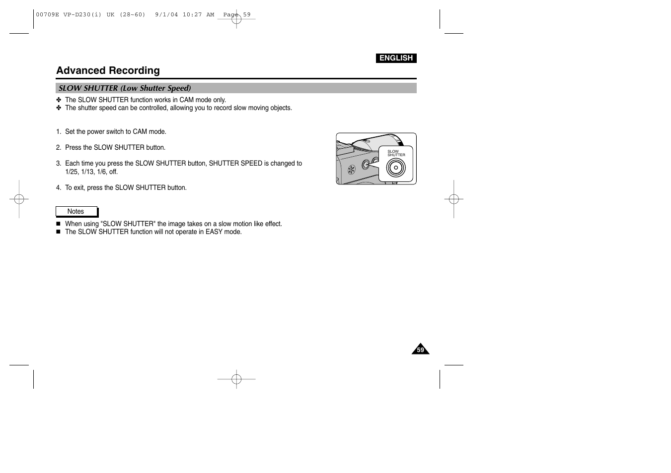 Slow shutter (low shutter speed), Advanced recording | Samsung VP-D200 User Manual | Page 59 / 108