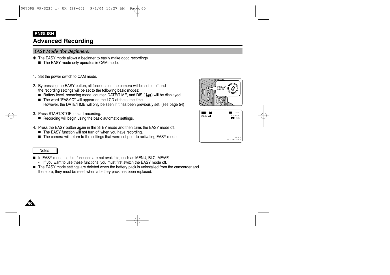 Easy mode (for beginners), Advanced recording | Samsung VP-D200 User Manual | Page 60 / 108