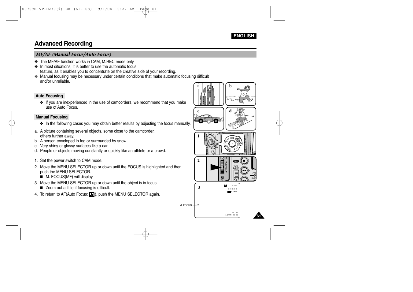 Mf/af (manual focus/auto focus), Auto focusing, Manual focusing | Advanced recording | Samsung VP-D200 User Manual | Page 61 / 108