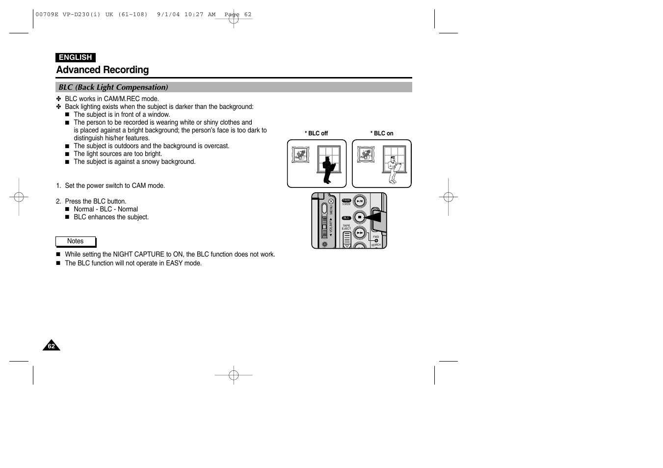 Blc (back light compensation), Advanced recording | Samsung VP-D200 User Manual | Page 62 / 108