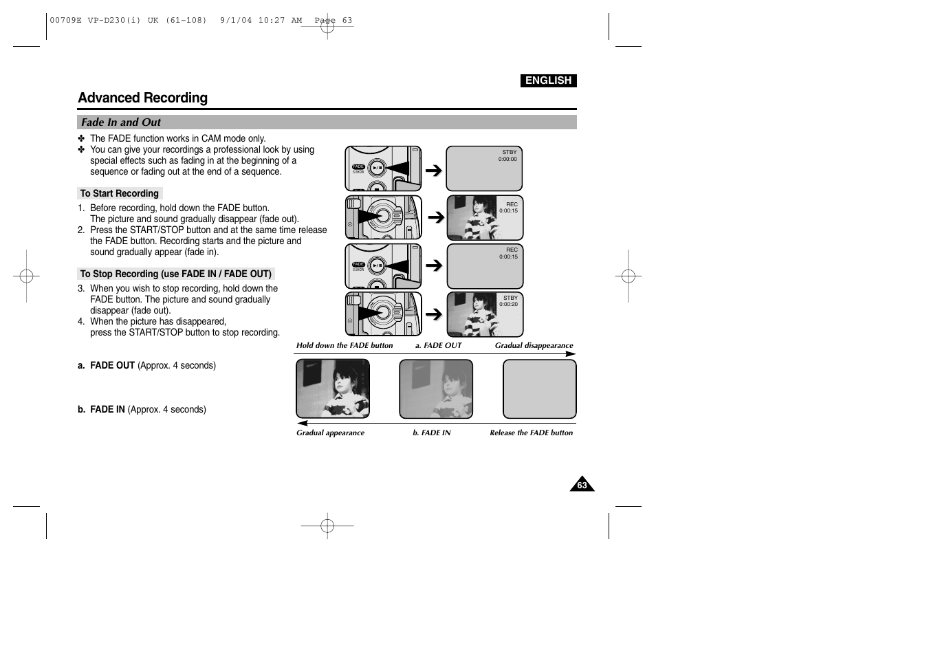 Fade in and out, To start recording, To stop recording (use fade in / fade out) | Advanced recording | Samsung VP-D200 User Manual | Page 63 / 108