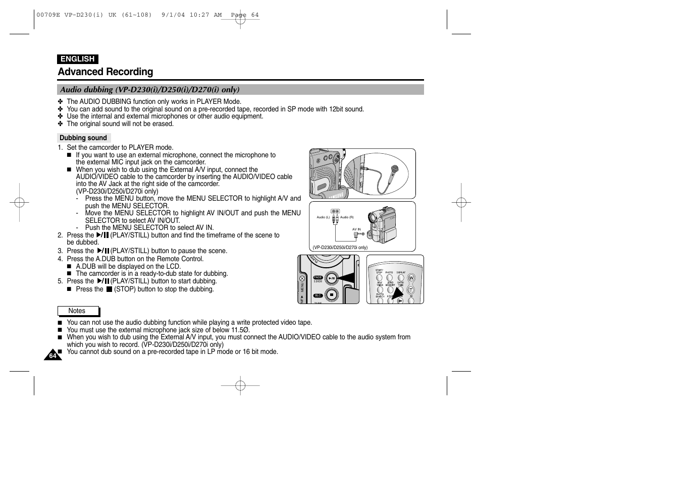 Audio dubbing (vp-d230(i)/d250(i)/d270(i) only), Dubbing sound, Advanced recording | Samsung VP-D200 User Manual | Page 64 / 108