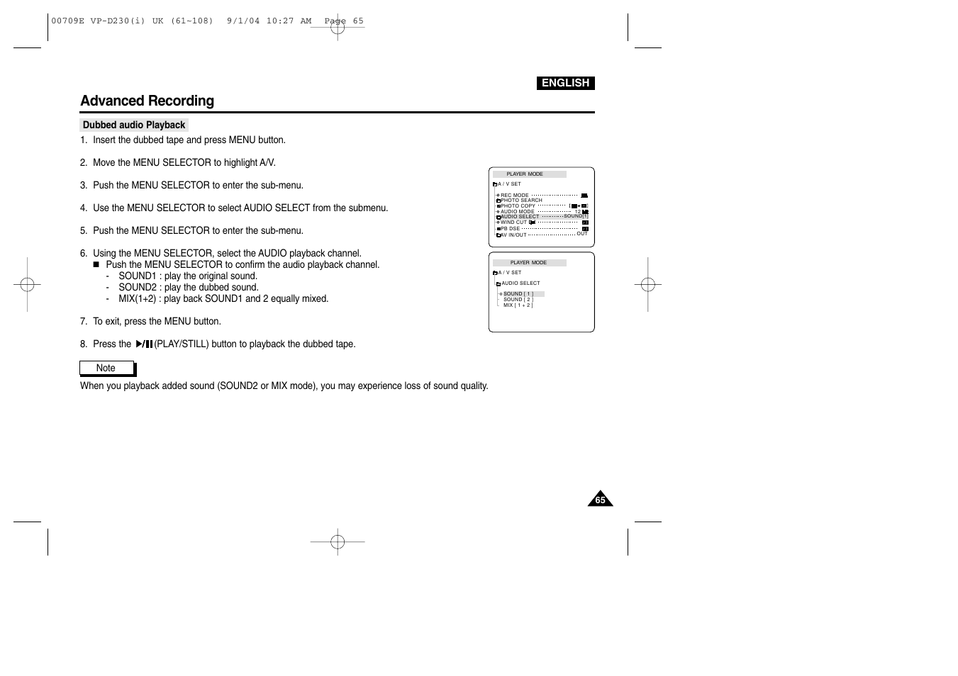 Dubbed audio playback, Advanced recording | Samsung VP-D200 User Manual | Page 65 / 108