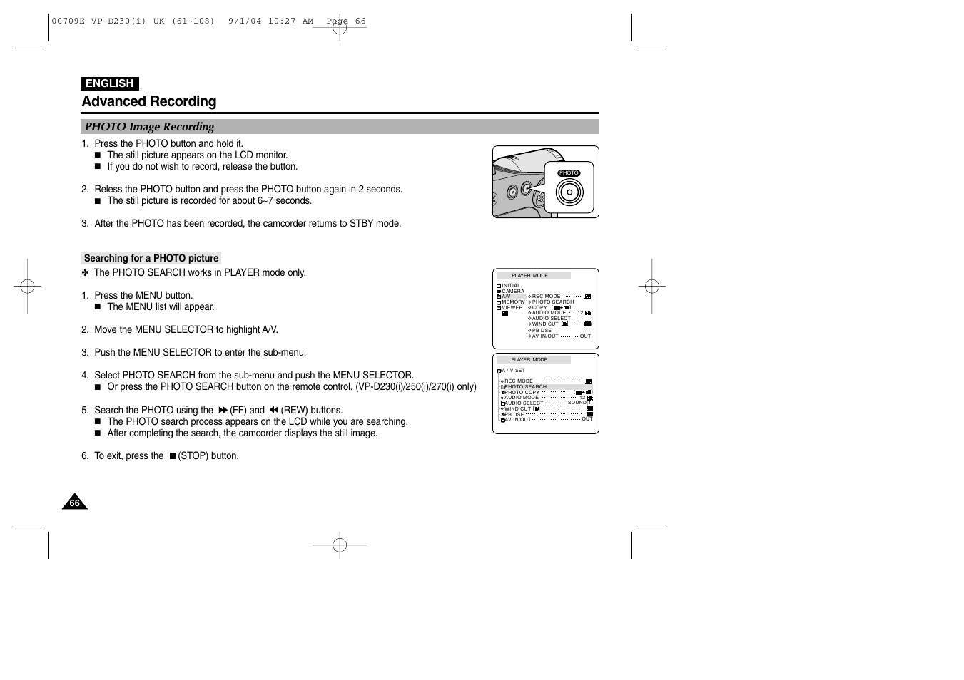 Photo image recording, Searching for a photo picture, Advanced recording | Samsung VP-D200 User Manual | Page 66 / 108