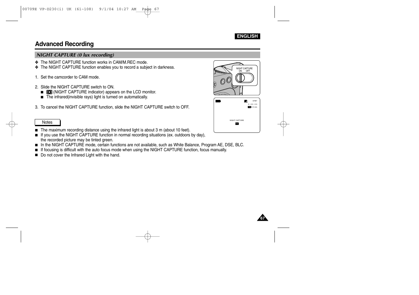 Night capture (0 lux recording), Advanced recording | Samsung VP-D200 User Manual | Page 67 / 108
