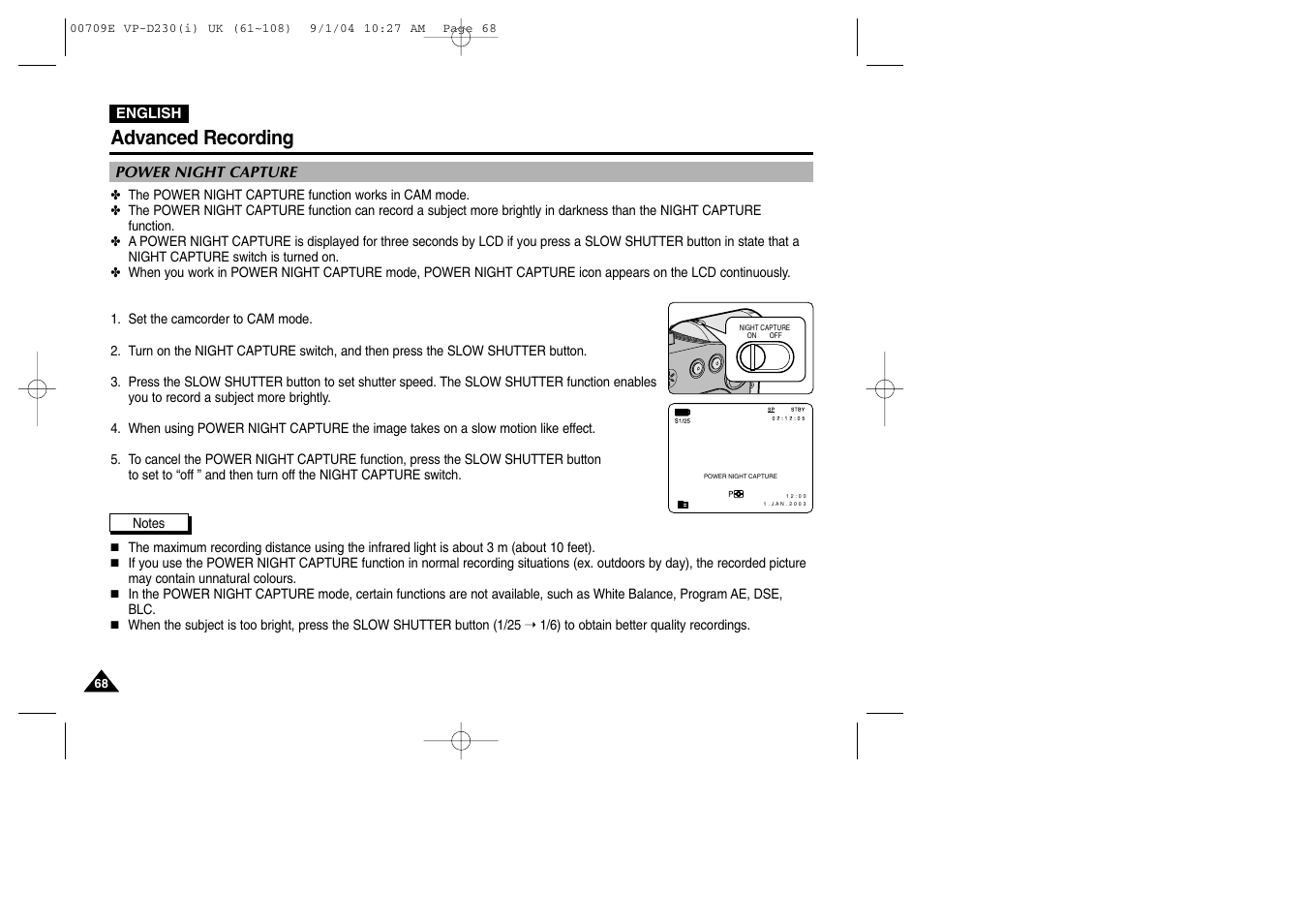 Power night capture, Advanced recording | Samsung VP-D200 User Manual | Page 68 / 108