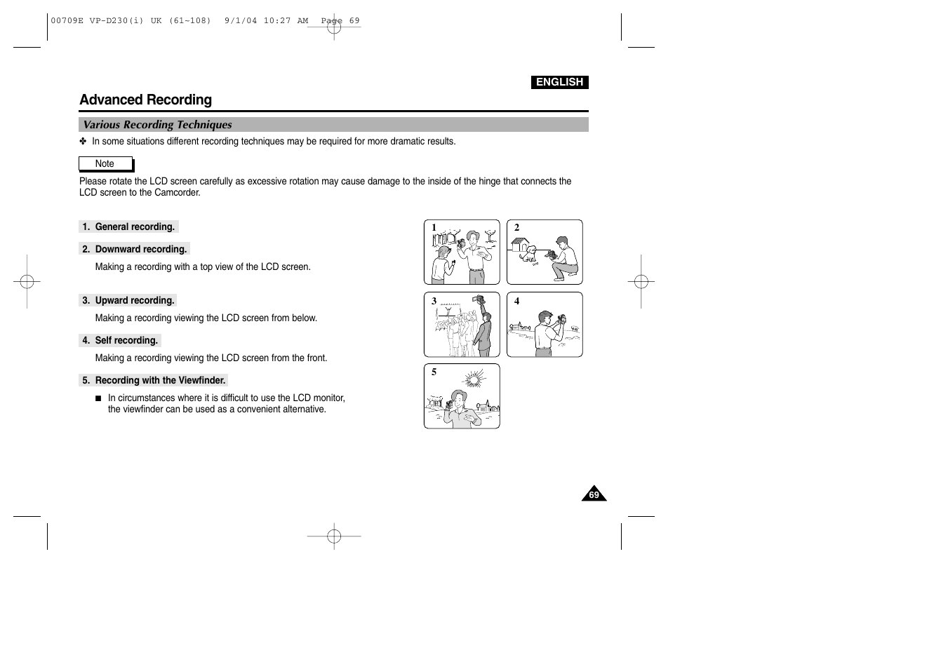 Various recording techniques, Advanced recording | Samsung VP-D200 User Manual | Page 69 / 108