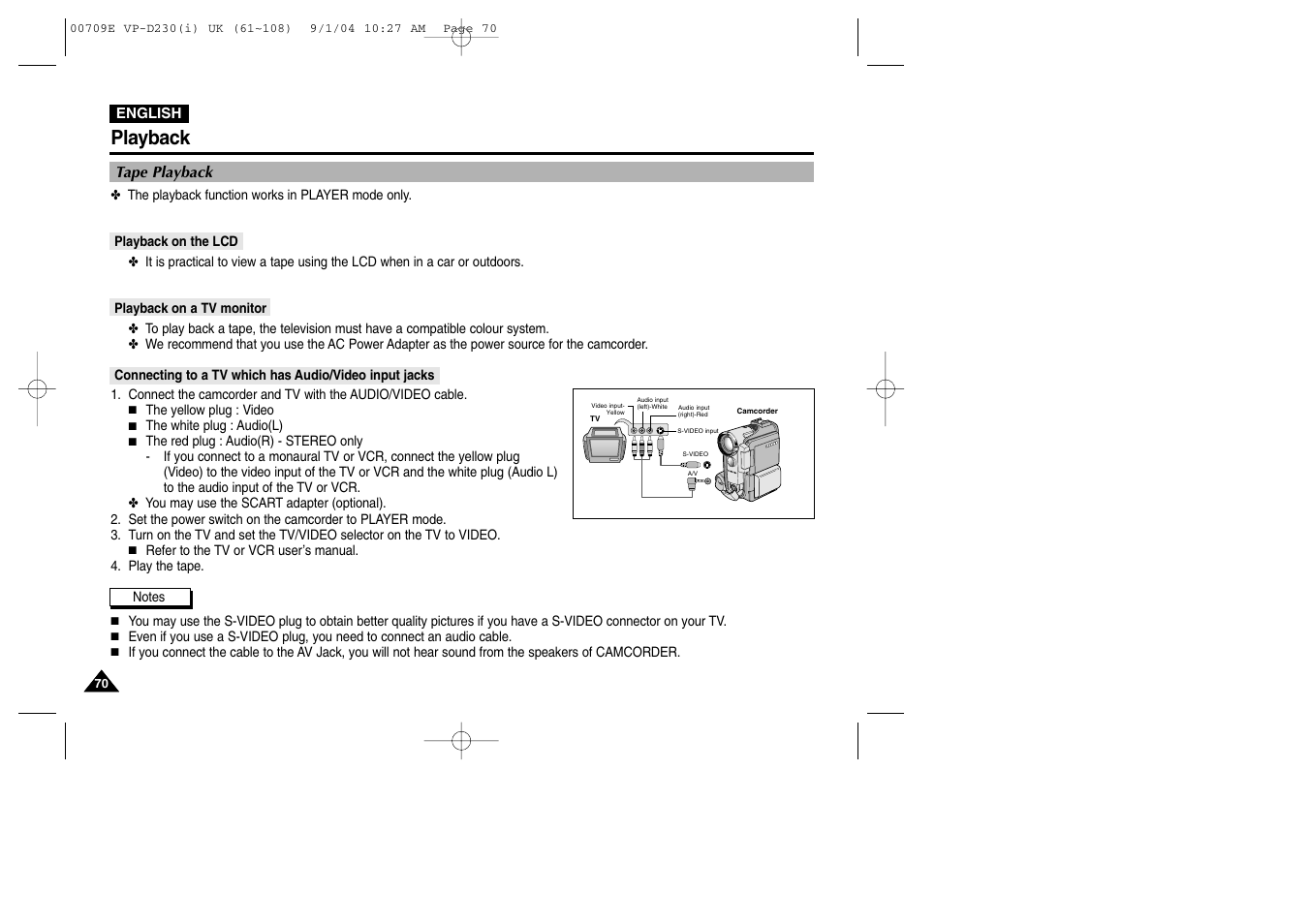 Playback, Tape playback, Playback on the lcd | Playback on a tv monitor | Samsung VP-D200 User Manual | Page 70 / 108