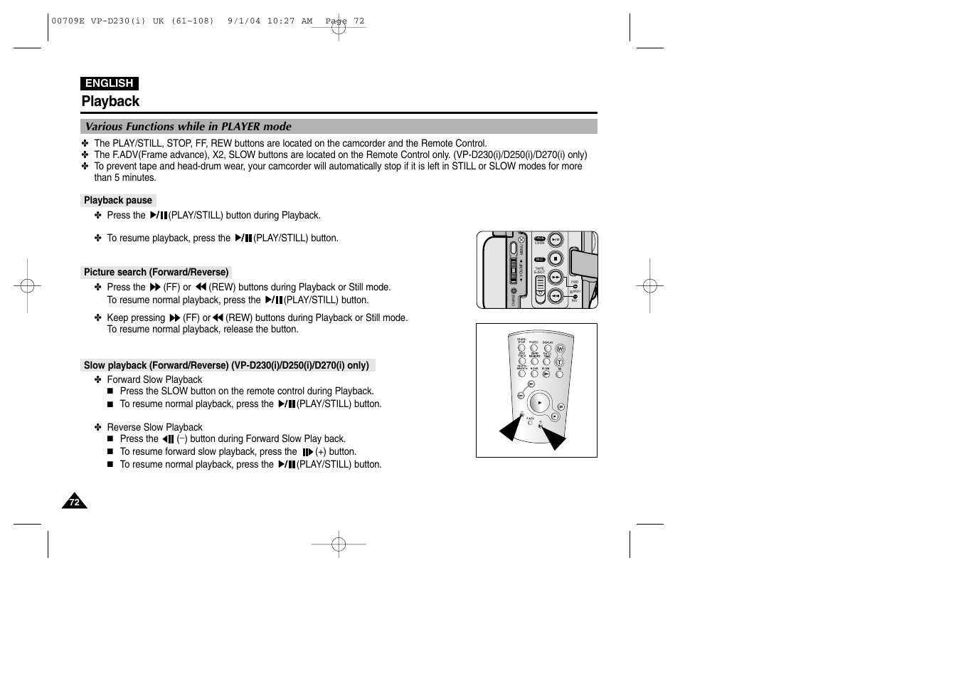 Various functions while in player mode, Playback pause, Picture search (forward/reverse) | Playback | Samsung VP-D200 User Manual | Page 72 / 108