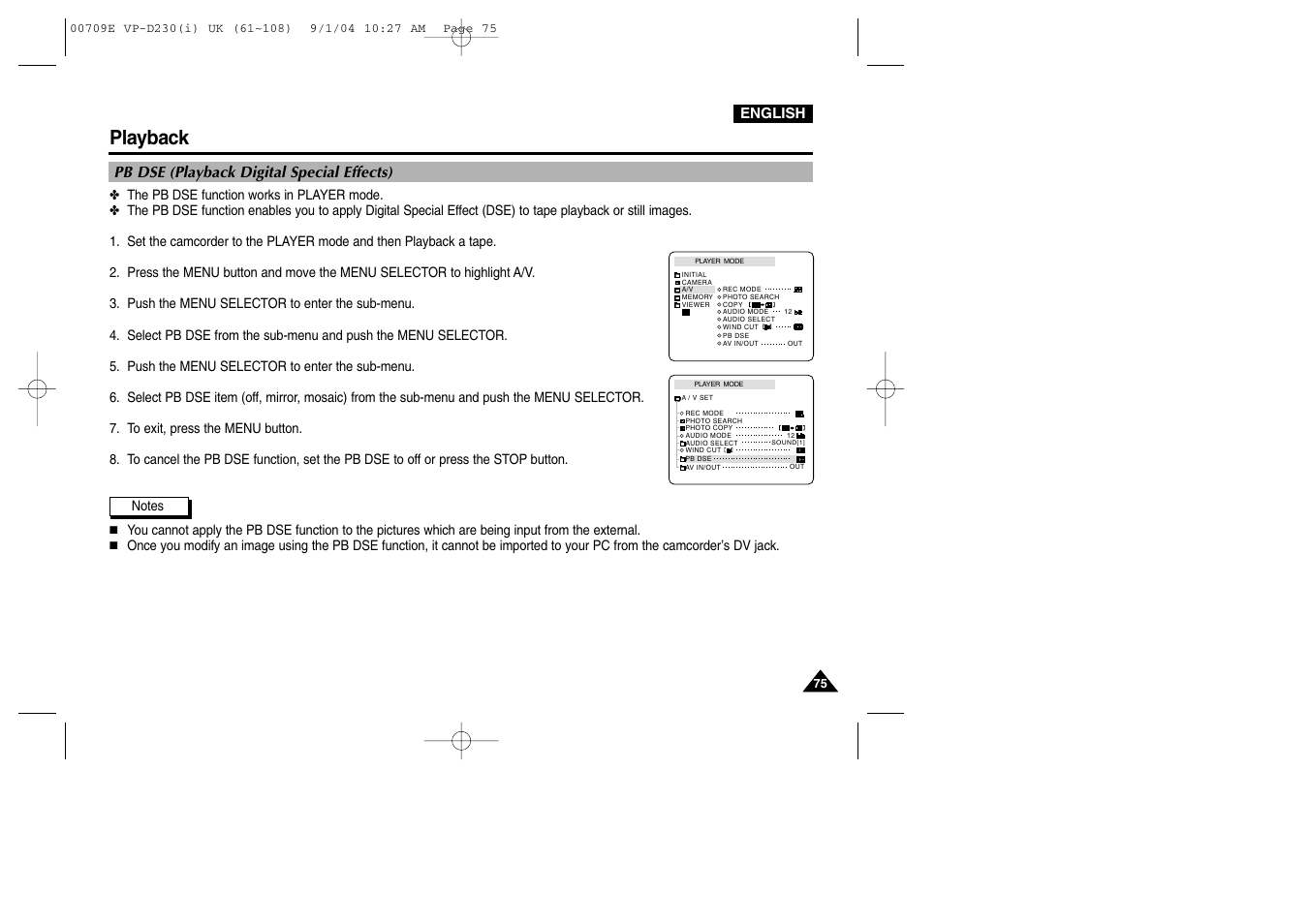Pb dse (playback digital special effects), Playback | Samsung VP-D200 User Manual | Page 75 / 108