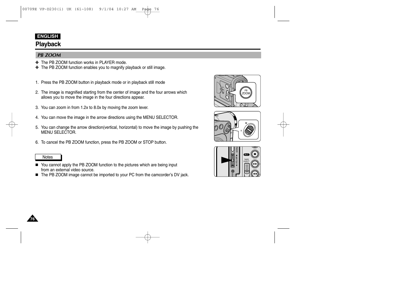 Pb zoom, Playback | Samsung VP-D200 User Manual | Page 76 / 108