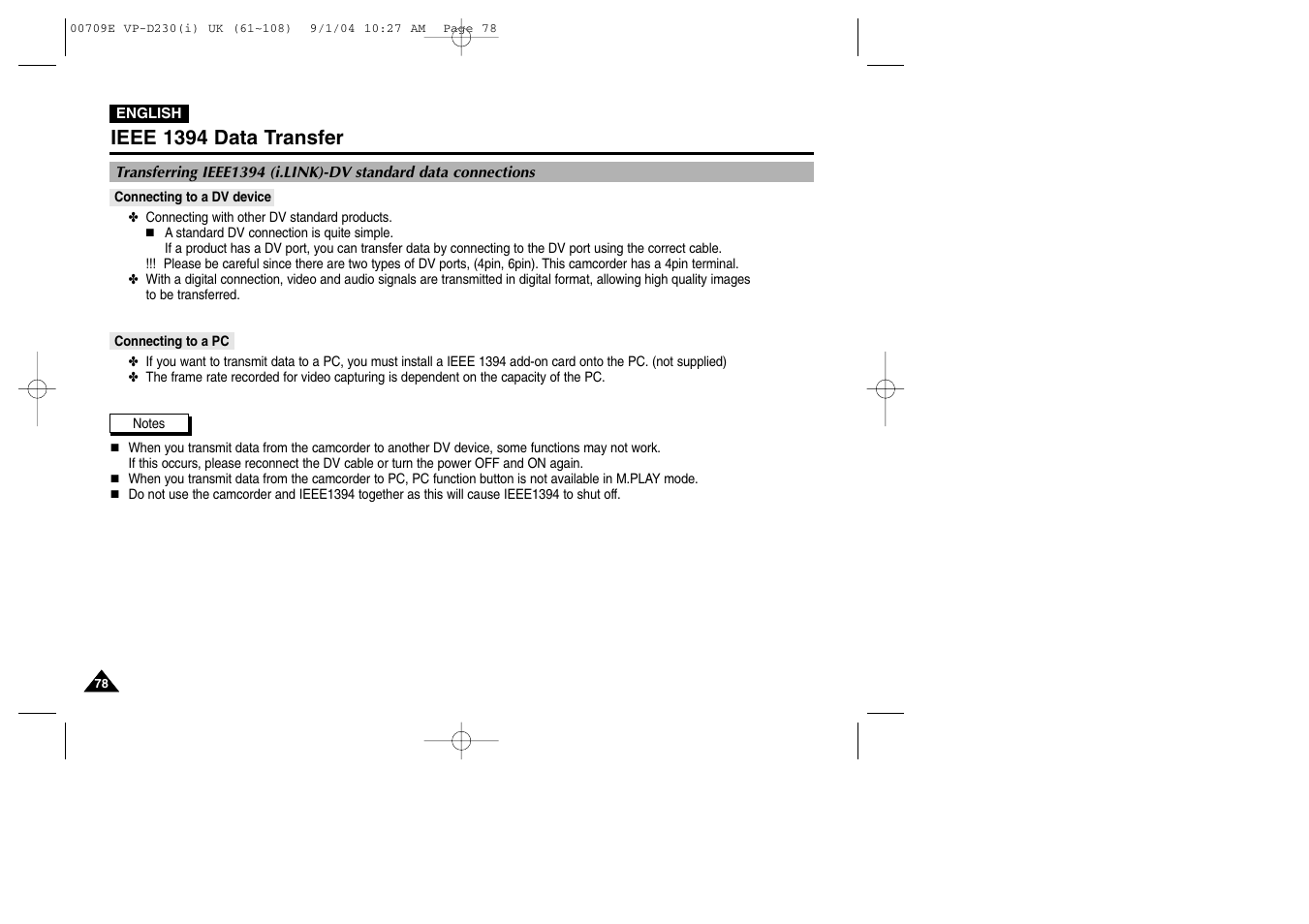 Ieee 1394 data transfer, Connecting to a dv device, Connecting to a pc | Samsung VP-D200 User Manual | Page 78 / 108