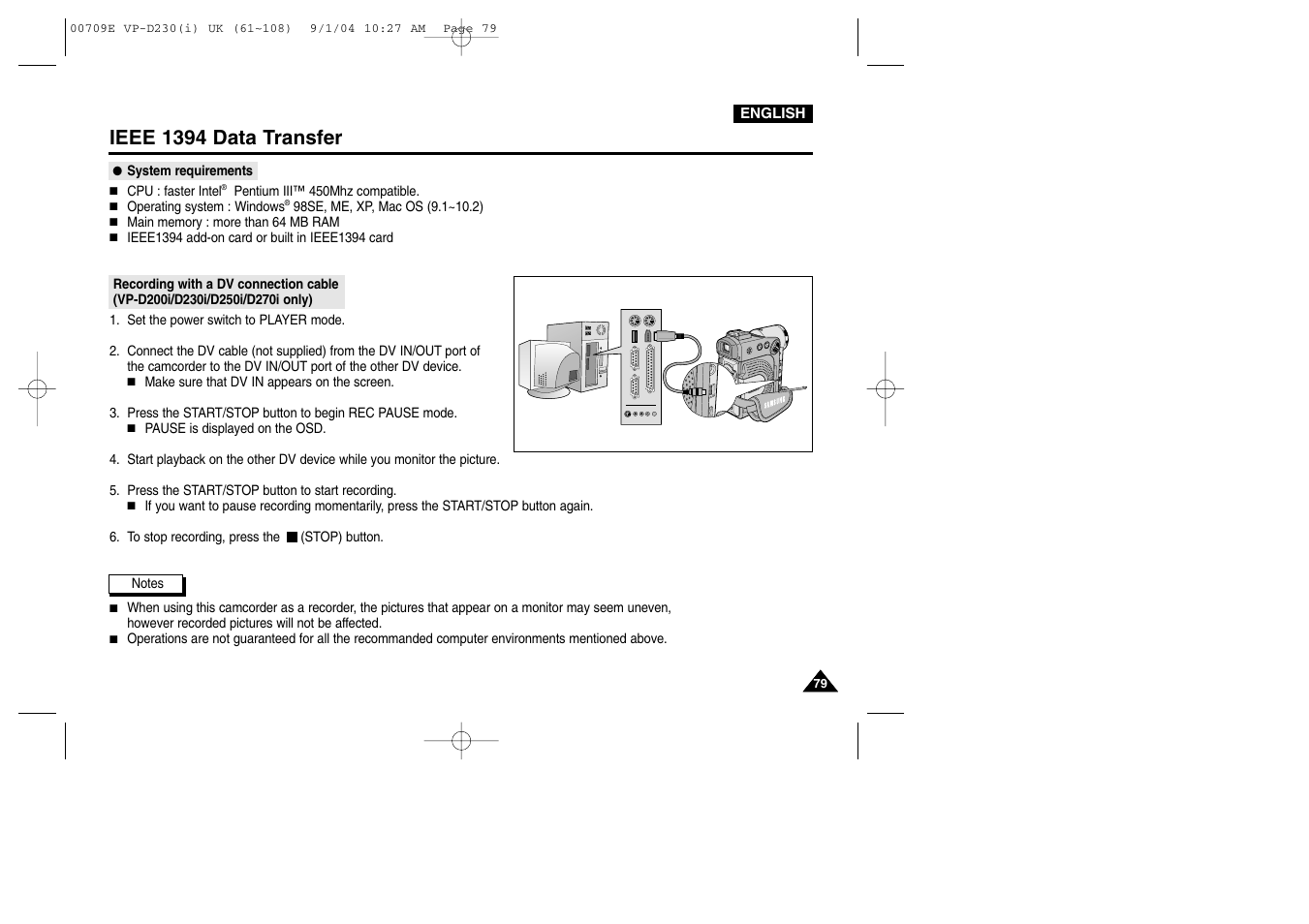 System requirements, Ieee 1394 data transfer | Samsung VP-D200 User Manual | Page 79 / 108