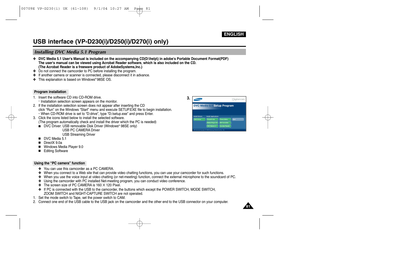 Installing dvc media 5.1 program, Using the “pc camera” function | Samsung VP-D200 User Manual | Page 81 / 108