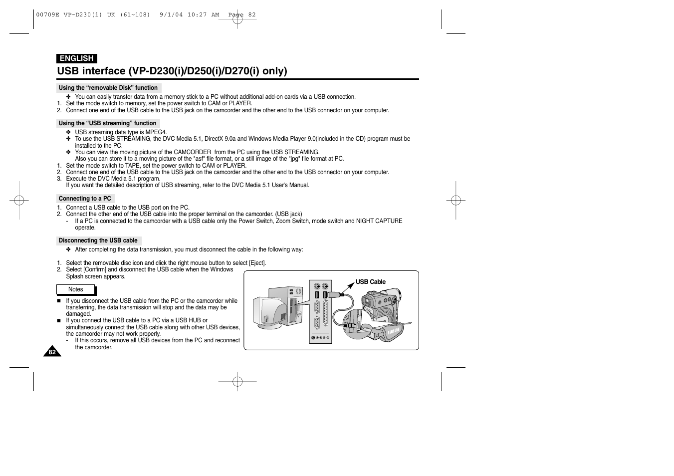 Using the “removable disk” function, Using the “usb streaming” function, Connecting to a pc | Samsung VP-D200 User Manual | Page 82 / 108