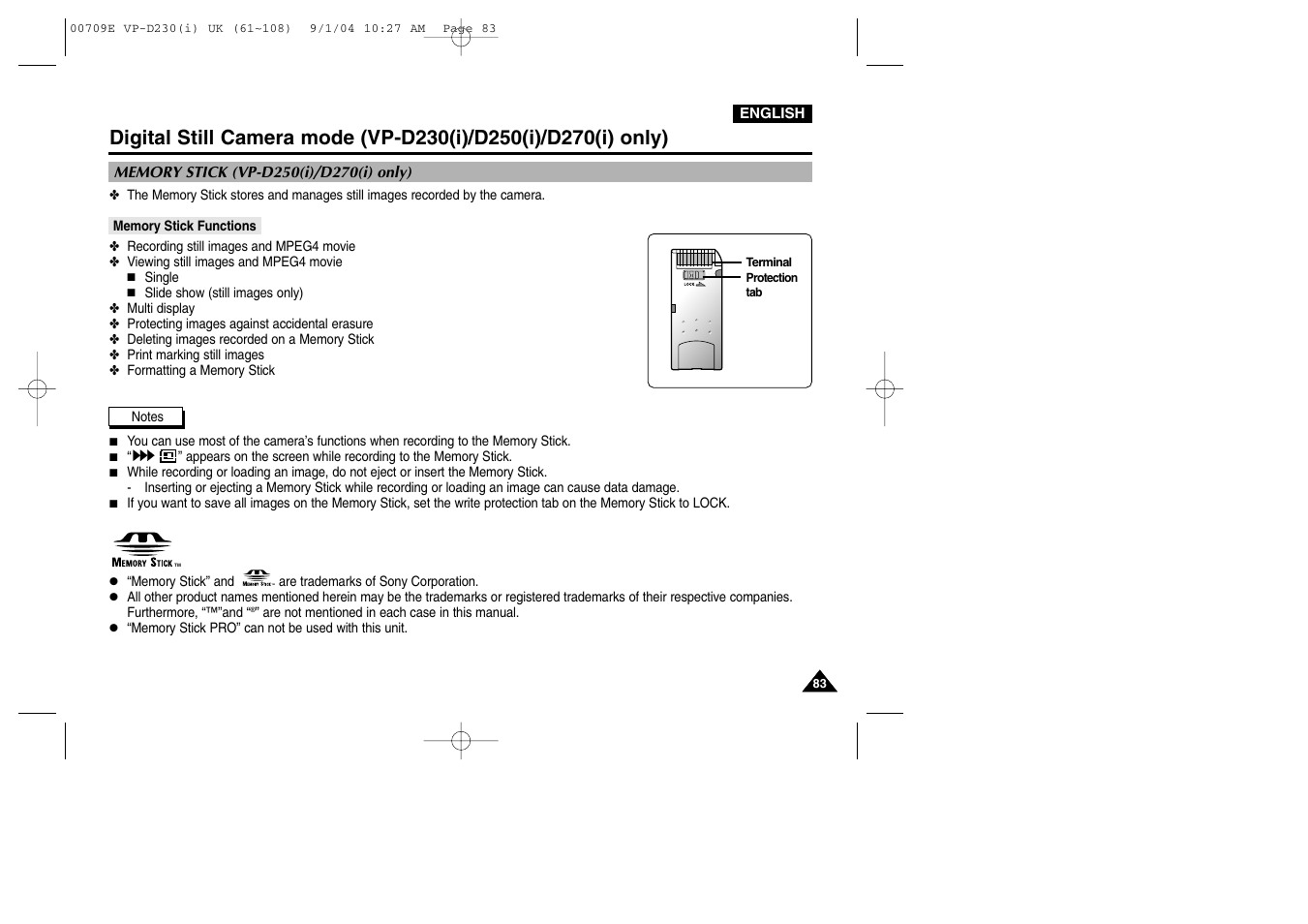 Memory stick (vp-d250(i)/d270(i) only), Memory stick functions | Samsung VP-D200 User Manual | Page 83 / 108