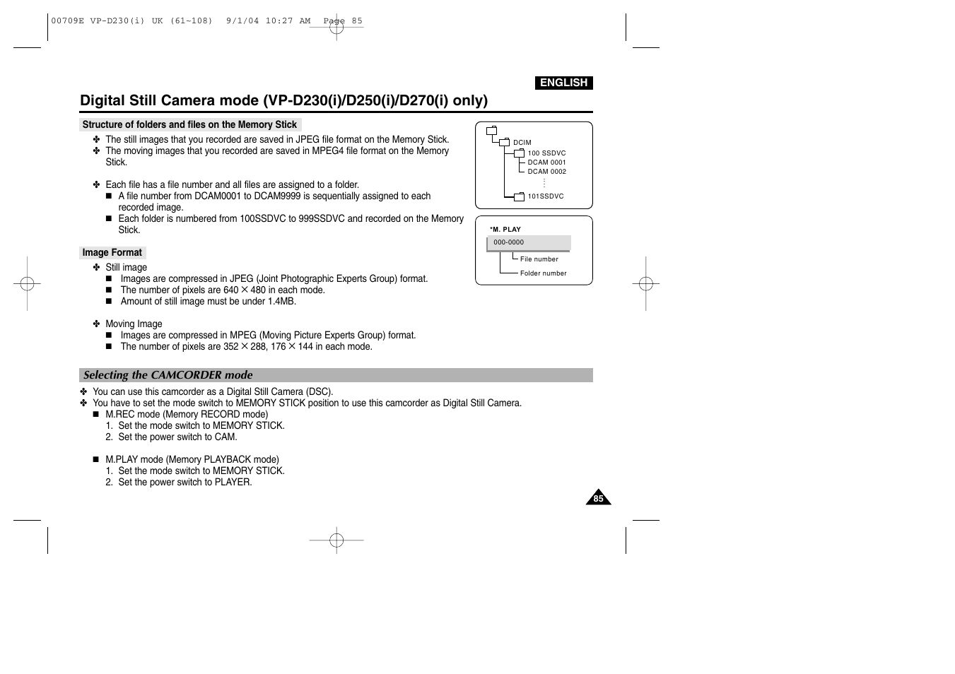 Structure of folders and files on the memory stick, Image format, Selecting the camcorder mode | Samsung VP-D200 User Manual | Page 85 / 108