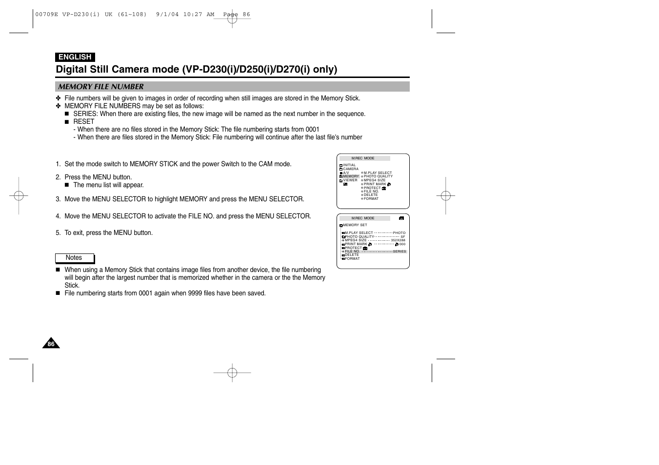 Memory file number | Samsung VP-D200 User Manual | Page 86 / 108