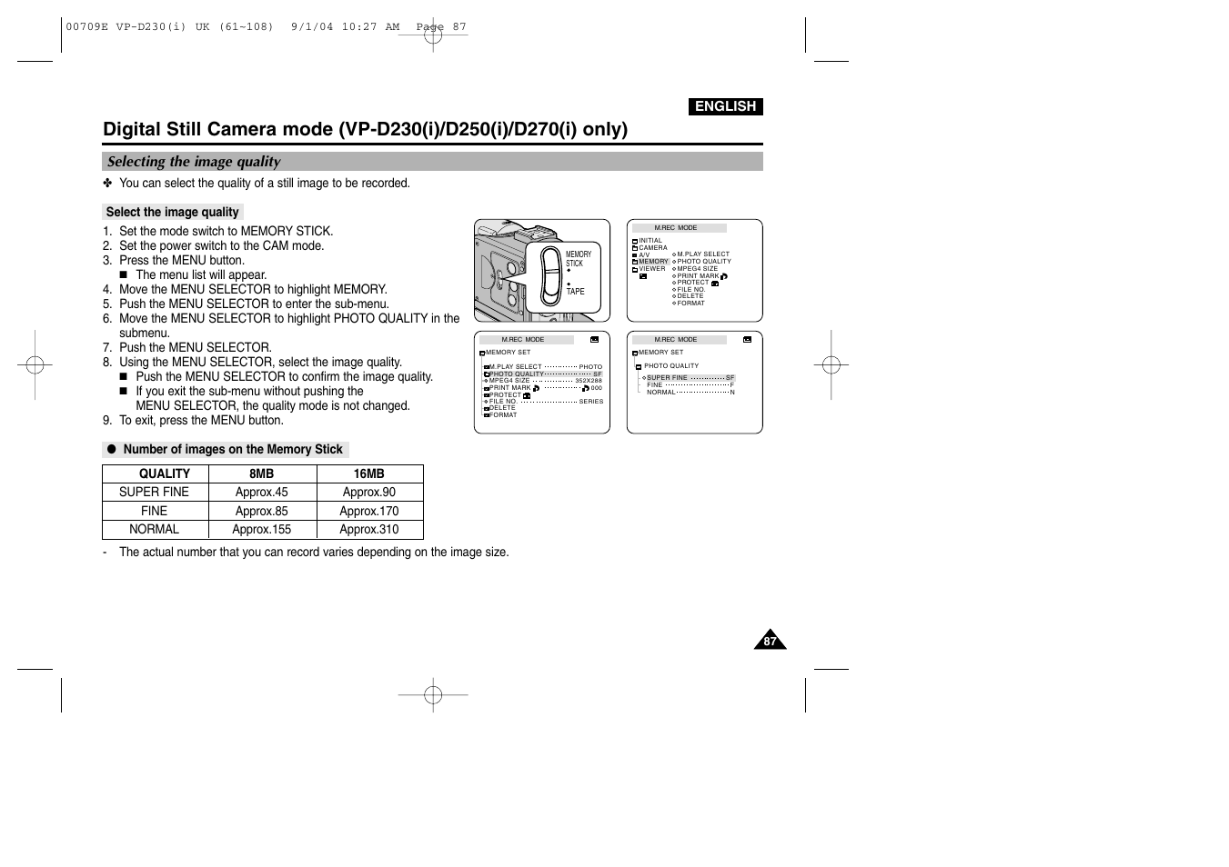 Selecting the image quality, Select the image quality, Number of images on the memory stick | Samsung VP-D200 User Manual | Page 87 / 108