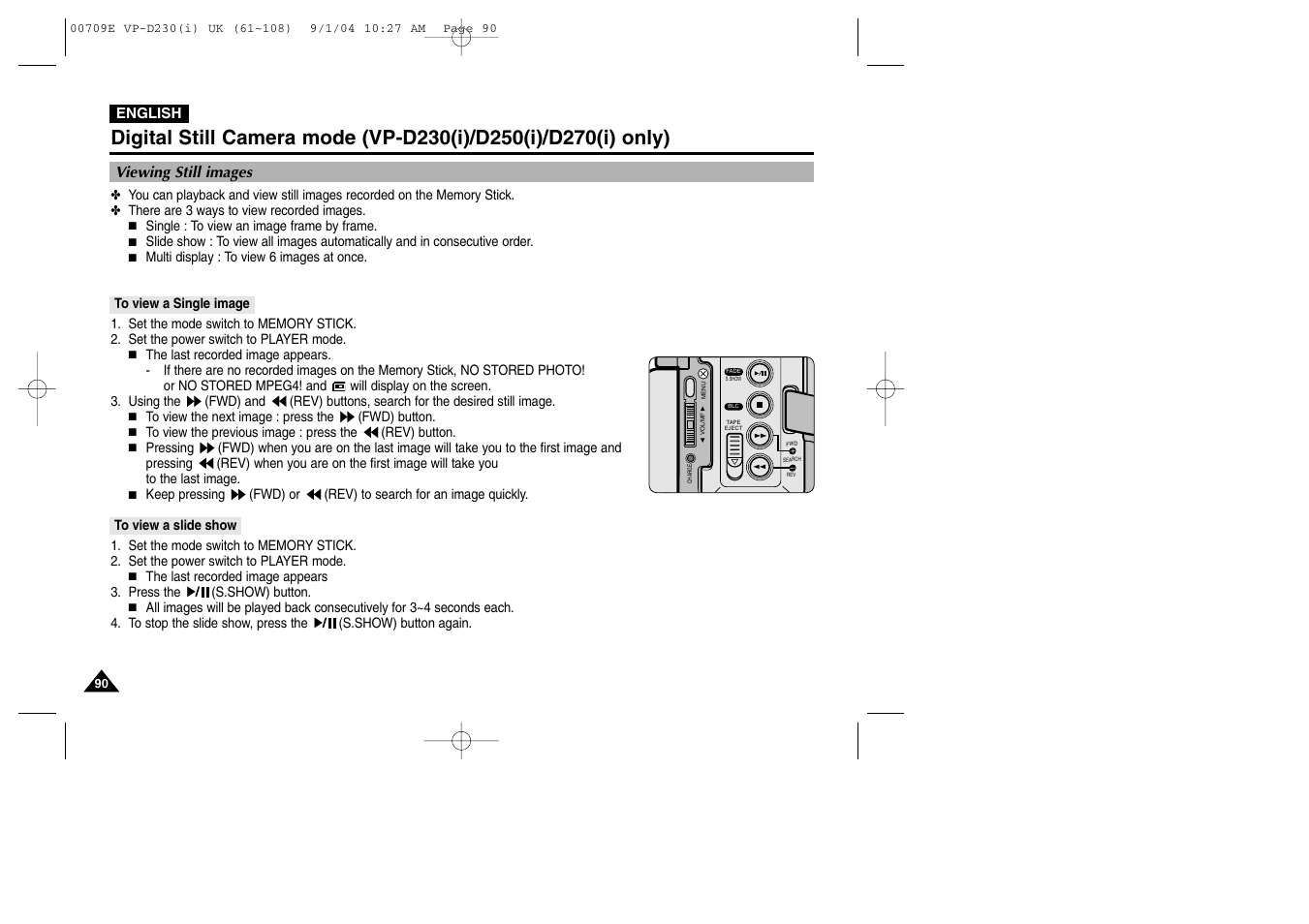 Viewing still images, To view a single image, To view a slide show | Samsung VP-D200 User Manual | Page 90 / 108